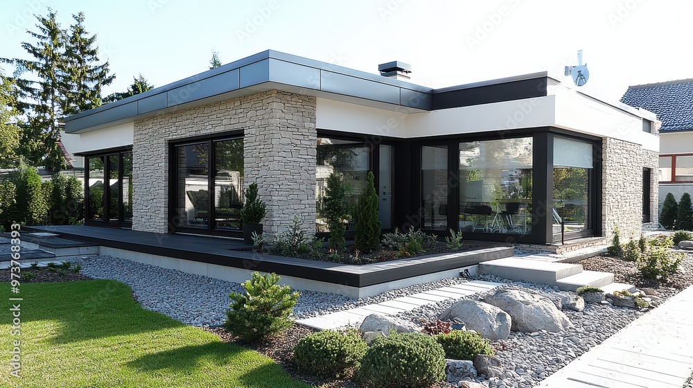 Canvas Prints Modern House with Stone Facade and Large Windows