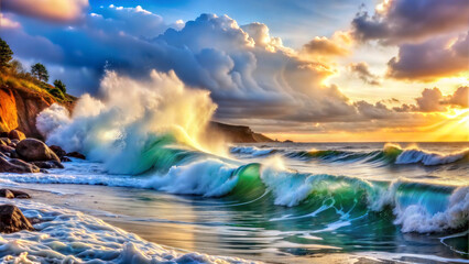 Naklejka premium Breathtaking ocean waves crashing on the shore during a vibrant sunset, with dramatic clouds 