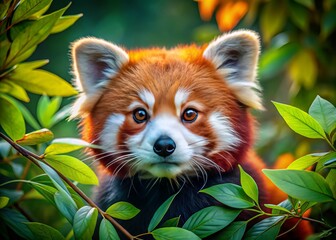 Obraz premium Adorable red panda with vibrant fur and curious expression, surrounded by leaves and branches, waiting to be brought