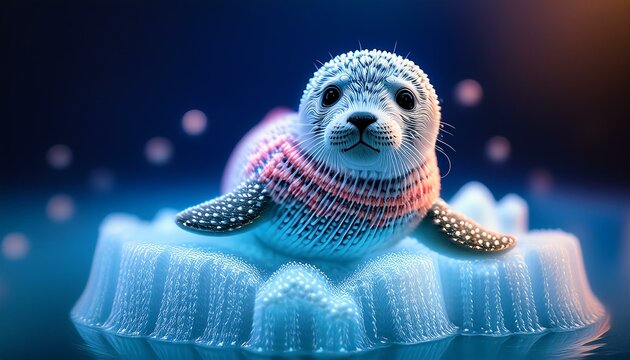 A whimsical seal pup, nestled in a vibrant knitted cocoon, gazes out with curious eyes, surrounded by a mesmerizing underwater world of neon hues and shimmering reflections.