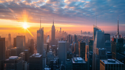 Fototapeta premium Sunrise Over City Skyline with Skyscrapers