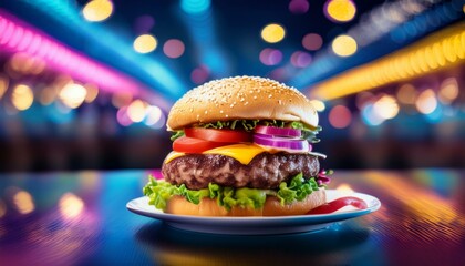 A juicy cheeseburger with sesame seed bun, cheese, lettuce, tomato, onion.