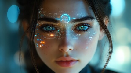 Futuristic portrait of a woman with digital elements on her face.