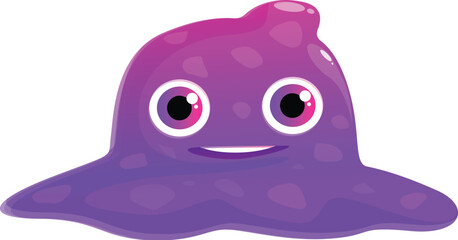Funny purple cartoon character with big eyes is smiling and looking forward