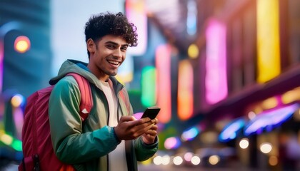 A young man stands confidently on a bustling city street, backpack slung over his shoulder, absorbed in his phone, embodying the spirit of adventure and modern exploration.