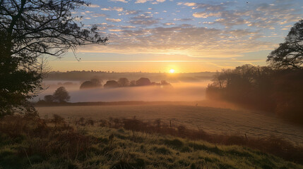 Obraz premium Countryside Sunrise with Misty Fields