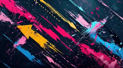 Naklejka premium Dynamic Abstract Background Featuring Directional Arrows with Bold Strokes of Pink, Yellow, and Blue – Accompanied by Splatter Effects for a Sense of Movement and Energy
