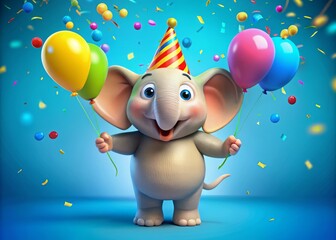 Adorable smiling elephant cartoon character wearing a colorful party hat and holding a bunch of vibrant balloons