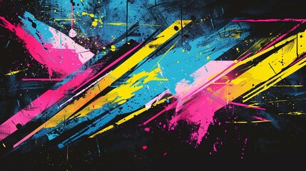 Abstract Background with Directional Arrows: Bold Strokes of Pink, Yellow, and Blue Cut Through a Dark Backdrop, Enhanced by Splatter Effects for a Dynamic and Energetic Look