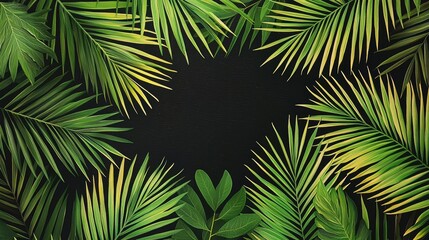 Green Palm Leaves Frame On Black Background
