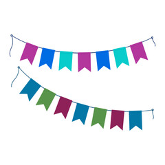 Obraz premium Colorful pennants garlands on rope in trendy bright shades. Set of 2 greetings design elements idea
