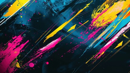 Naklejka premium Energetic Abstract Design: Directional Arrows in Bold Strokes of Pink, Yellow, and Blue on a Dark Backdrop with Splatter Effects – Dynamic Background