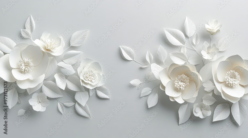 Wall mural White paper flowers in a delicate arrangement, blooming with soft petals and leaves on a clean grey background,