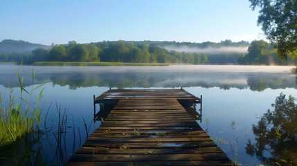 Obraz premium Serene Lake with Mountains and Pine Trees at Dawn