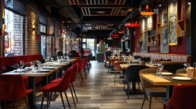 Contemporary modern restaurant interior with beautiful hanging lamps AI generated image