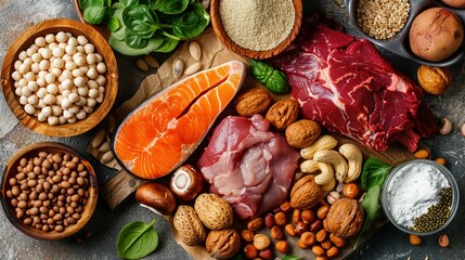 Nutritious Foods High in Vitamin B3 (Niacin) Featuring the Molecular Structure of Niacin &ndash; Top Sources Include Seeds, Nuts, Meat, Legumes, Mushrooms, and Peanuts &ndash; Promoting a Balanced Diet