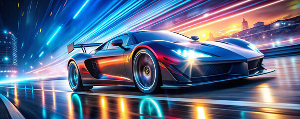 "Fast Racing Car Zooms Down Neon-Lit City Streets at Night. Concept of Motorsport, Speed, and Competition"