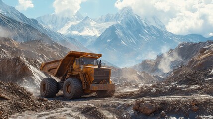A large yellow dump truck is driving through a rocky, mountainous area