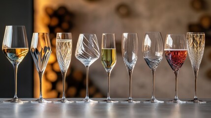 A row of wine glasses with different shapes and sizes