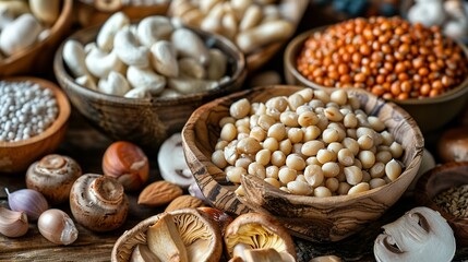 Naklejka premium Balanced Diet with Nutritious Foods High in Vitamin B3 (Niacin): Featuring the Molecular Structure of Niacin – Top Sources Include Seeds, Nuts, Meat, Legumes, Mushrooms, and Peanuts