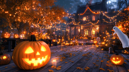 Obraz premium Spooky jack-o-lantern in the garden for Halloween night