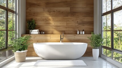 Fototapeta premium A large white bathtub sits in a bathroom with a wooden wall and a view of trees