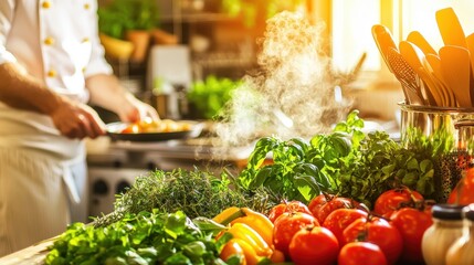 Fresh Tomatoes  Basil  and Yellow Peppers on a Kitchen Counter with a Chef Cooking
