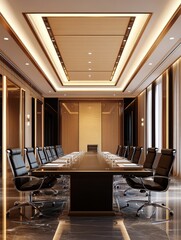 A large conference room with a long table and many chairs