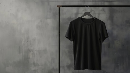 blank black T-shirt for mockup hanging on a simple clothing rack