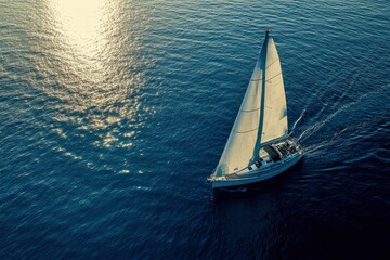 Fototapeta premium Aerial view of serene sailboat with sun reflection on calm ocean, Hawaii, United States, ai