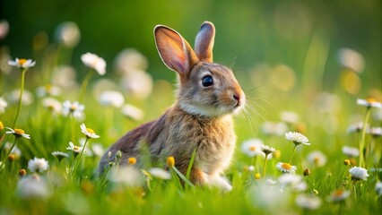 Fototapeta premium Adorable young rabbit with distinctive white spots on its soft fur, playfully hopping through a lush green meadow