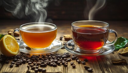 Two cups of tea with coffee beans and a slice of lemon on a wooden table