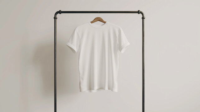 blank white T-shirt mockup hanging on a simple clothing rack