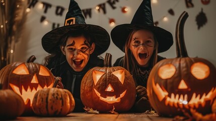 Fototapeta premium happy Halloween. children with jack o lantern make up in costume at trick or treat Halloween celebration party. 