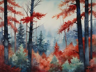 Autumn illustrated painting of beautiful forest with long trees, watercolor colorful leaves