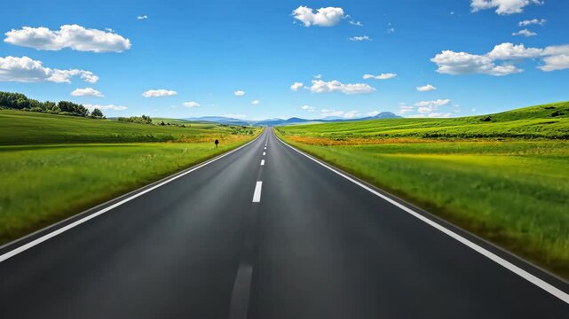 Enjoy a scenic drive through lush green fields and clear skies on an open road in the countryside during midday