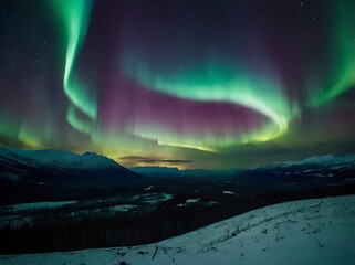 A beautiful view of aurora in northern sky night over the hills. Green borealis over the mountains northern lights background wallpaper	