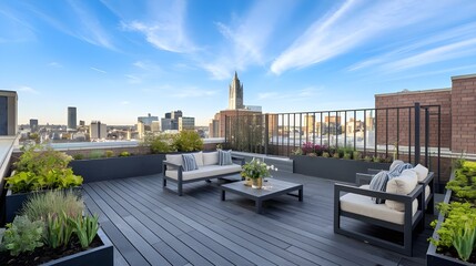 View from a contemporary roof terrace with dark wood decking, plants, a brick wall, and black patio chairs.