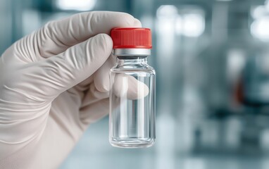 Close-up of a hand in a glove holding a glass vial with a red cap, ideal for medical or laboratory themes.