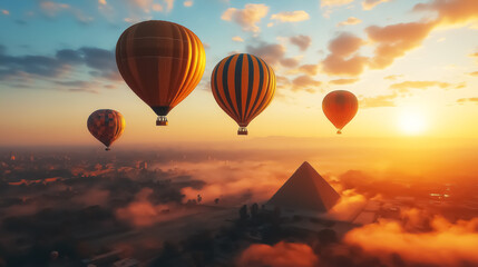 Obraz premium Hot air balloons soaring over a pyramid at sunrise, ideal for travel and adventure promotion. Design for Wall Art, Poster Print, Wallpaper & Background