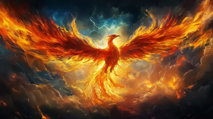 Fototapeta premium Oil painting for a powerful phoenix rising from fiery clouds, symbolizing rebirth and transformation, ideal for fantasy-themed events or motivational designs.