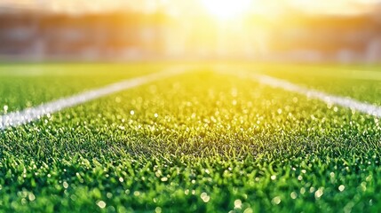 Naklejka premium Green Grass Field with White Lines and Bokeh Effect at Sunset