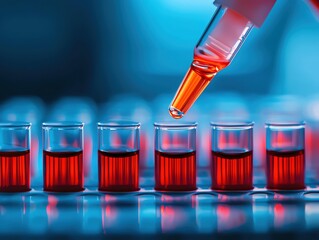 A close-up of a dropper dispensing a red liquid into multiple test tubes, showcasing laboratory experimentation.