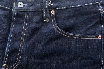 Close-up of blue denim jeans texture with a zippered pocket
