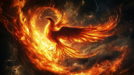 A fiery phoenix emerging from flames, symbolizing rebirth and transformation, ideal for fantasy-themed artwork and designs.