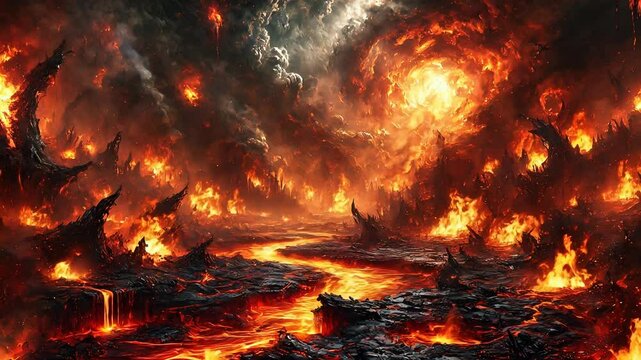 The Apocalyptic Landscape Illustrated with Fire and Lava Explores Themes of Destruction and Chaos