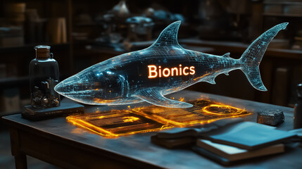 Futuristic holographic shark showcasing bionics in a laboratory setting, perfect for educational materials in science and technology.