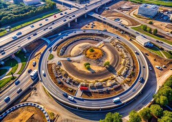 Aerial view of a large roundabout under construction, with excavators and trucks navigating the curves, surrounded by a