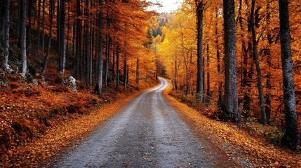 Obraz premium Autumn Forest Path with Golden Leaves and Winding Road