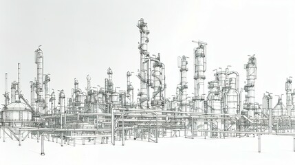 Line Drawing Depicting an Industrial Landscape Featuring an Oil Refinery Plant – Representing the Oil Industry with the Sky Depicted in a Separate Layer